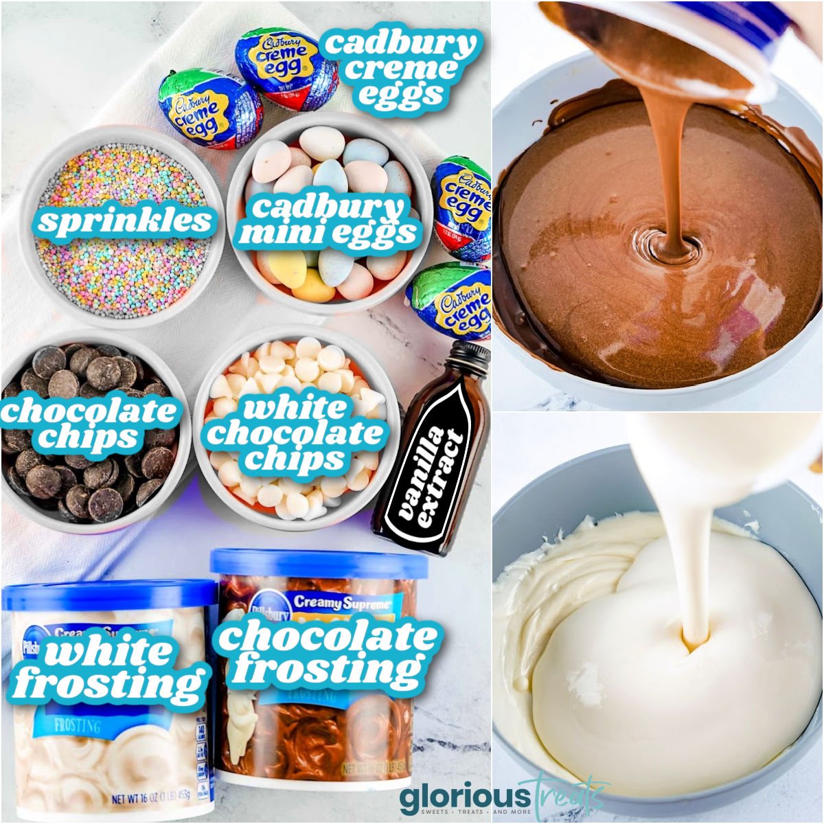 three image collage showing ingredients for easter fudge and also how to melt the frosting.