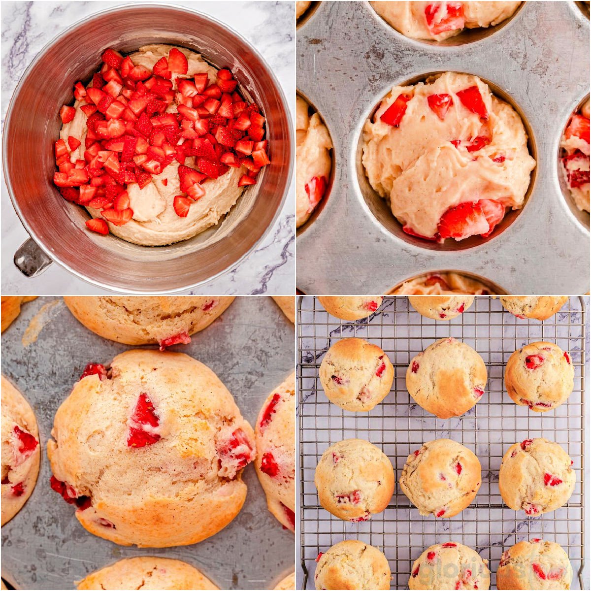 four image collage showing steps to make strawberry muffins