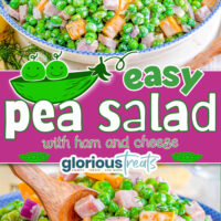 two image collage showing pea salad made with ham and cheese in a blue and white serving bowl. center color block with text overlay.