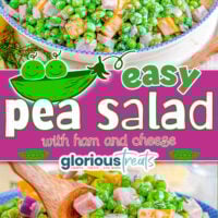 two image collage showing pea salad made with ham and cheese in a blue and white serving bowl. center color block with text overlay.