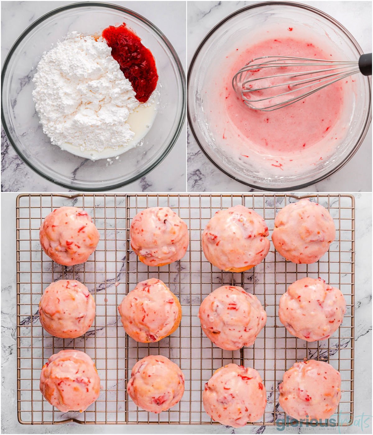 three image collage showing steps to make strawberry glaze for muffins