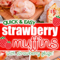 three image collage showing strawberry muffins with a strawberry glaze on a wire rack also the bottom images shows a freshly glazed muffin and one that has been torn in half. center color block with text overlay.