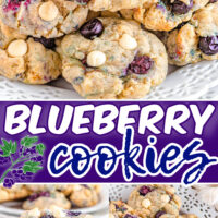 collage of three pictures of cookies with blueberries and white chocolate chips. there is a banner across the middle of the image that reads blueberry cookies.