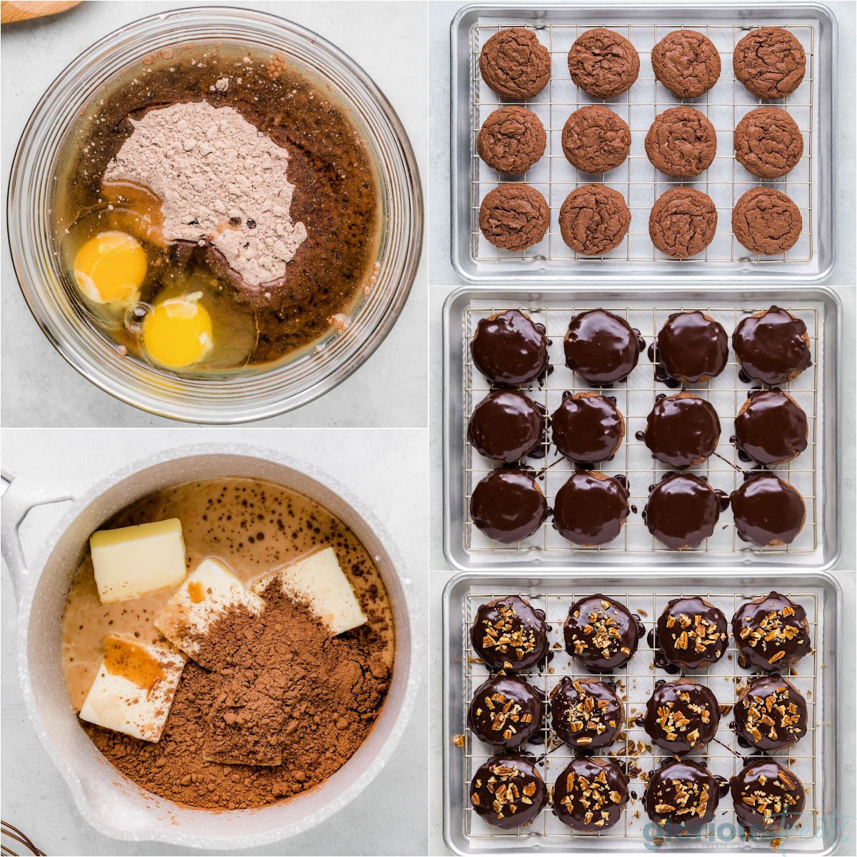 a collage of the steps to make the cookie recipe. a picture of ingredients being combined, a picture of dough in balls on baking tray, a picture of cookies frosted, and a a picture of the finished cookies with nuts on top