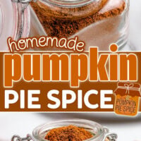 two image collage showing homemade pumpkin pie spice in small spice jar. center color block with text overlay.