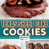 three image collage showing texas sheet cake cookies stacked and also on the sheet pan with the icing and nuts added. center color block with text overlay.