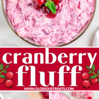 three image collage of cranberry fluff in a serving bowl, on a spoon, and individual serving bowl. center color block with text overlay.