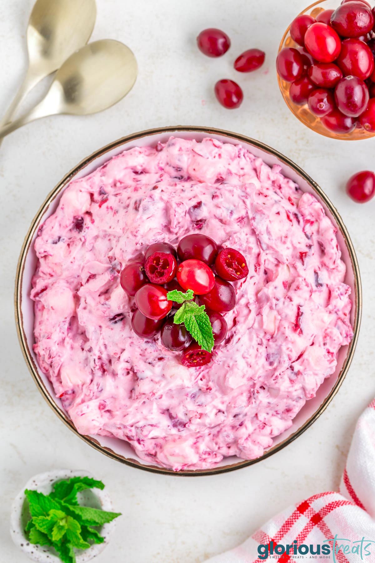 top down view of big bowl of cranberry fluff topped with fresh cranberries and mint sprigs. 