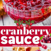 three image collage showing homemade cranberry sauce recipe in a glass bowl with a gold spoon. center color block with text overlay.