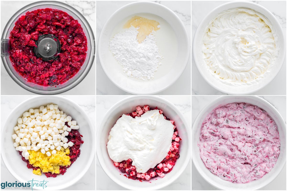 six image collage showing how to make cranberry fluff step by step.