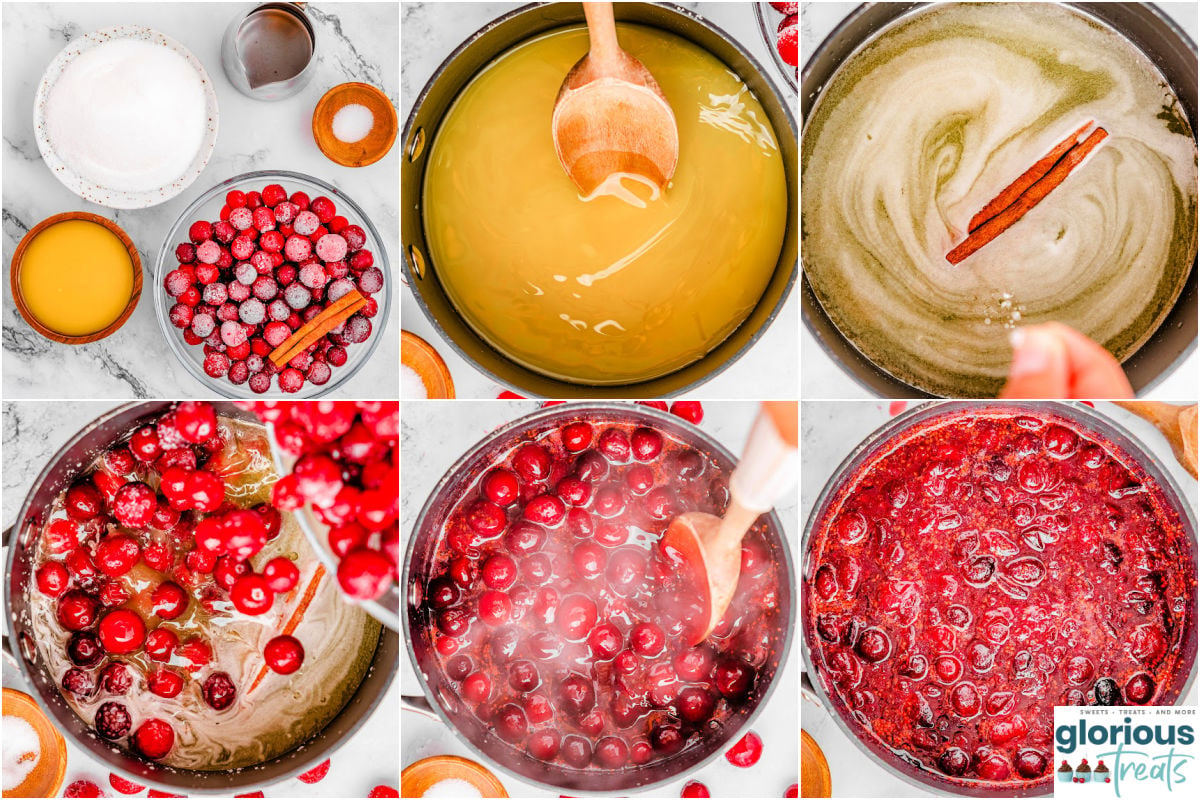 six image collage showing how to make cranberry sauce step by step.