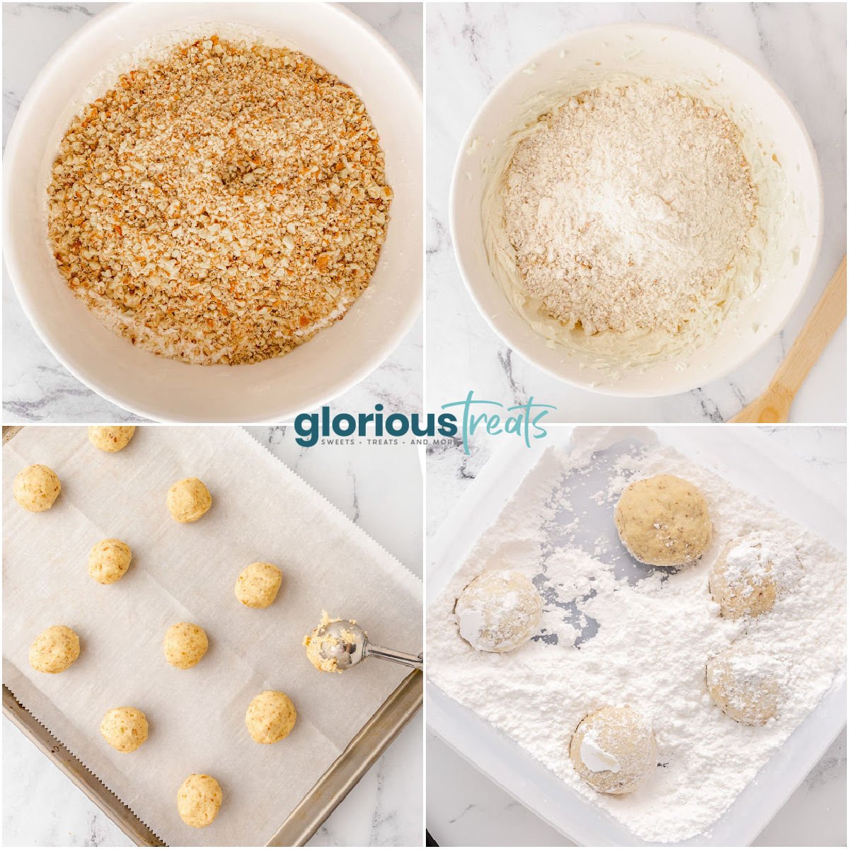 four image collage showing how to make mexican wedding cookies.
