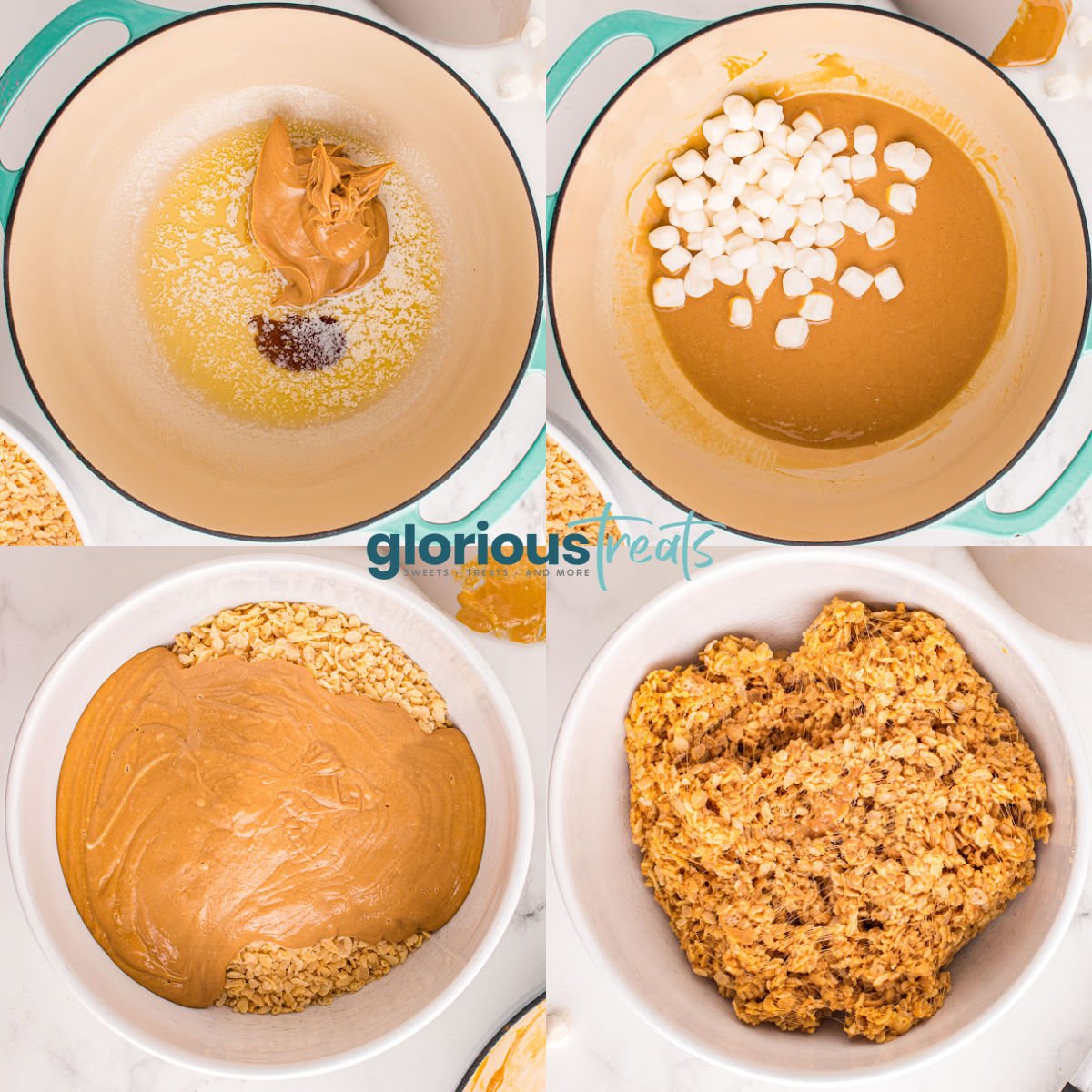four image collage showing how to make peanut butter rice krispie treats.