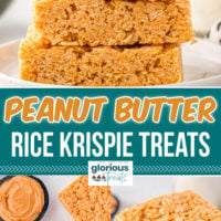three image collage showing peanut butter rice krispie treats stacked, pulled in half and one with a bite taken. center color block with text overlay.
