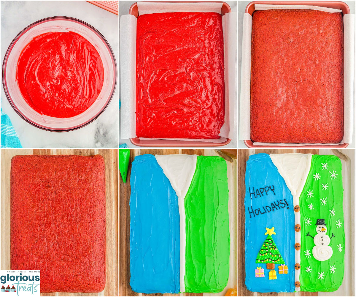six image collage showing how to make an ugly sweater cake.