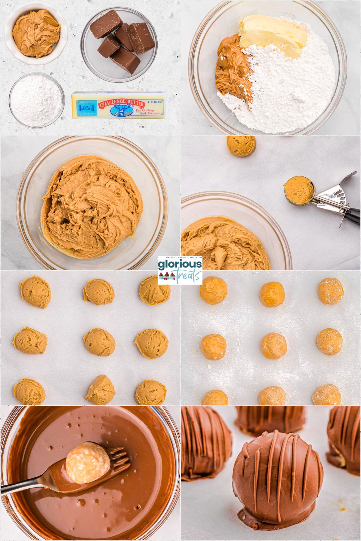 eight image collage showing how to make peanut butter balls step by step.