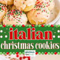 three image collage showing italian christmas cookies with red, green and white sprinkles. cookies are on a round, white plate. center color block with text overlay.