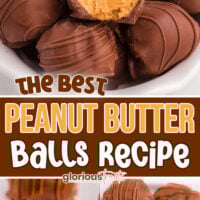 three image collage showing peanut butter balls recipe in small white bowl. one image shows the balls being drizzled with chocolate. center color block with text overlay.