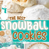 three image collage showing snowball cookies on a pottery plate and the top cookie has a bite taken. top down view of the plate and also another shot of the cookies in a blue bowl. center color block with text overlay.