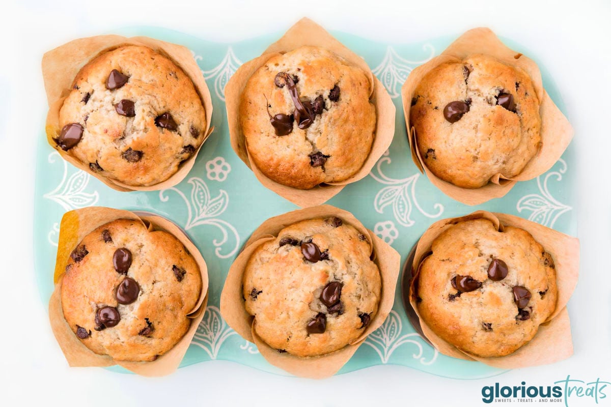 six banana muffins with chocolate chips in brown parchment liners sitting in an aqua muffin tin.