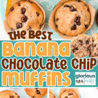 three image collage showing banana chocolate chip muffins in brown parchment liners with a light aqua background. top down views and one image shows a muffin split in half. center color block with text overlay.