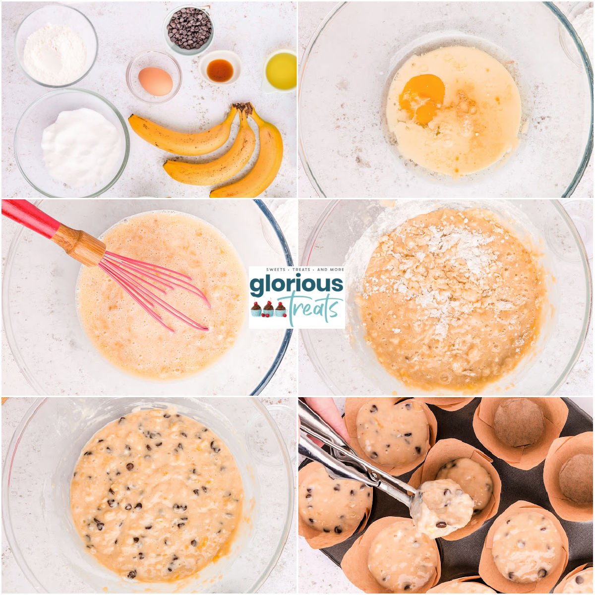 six image collage showing how to make banana chocolate chip muffins step by step.