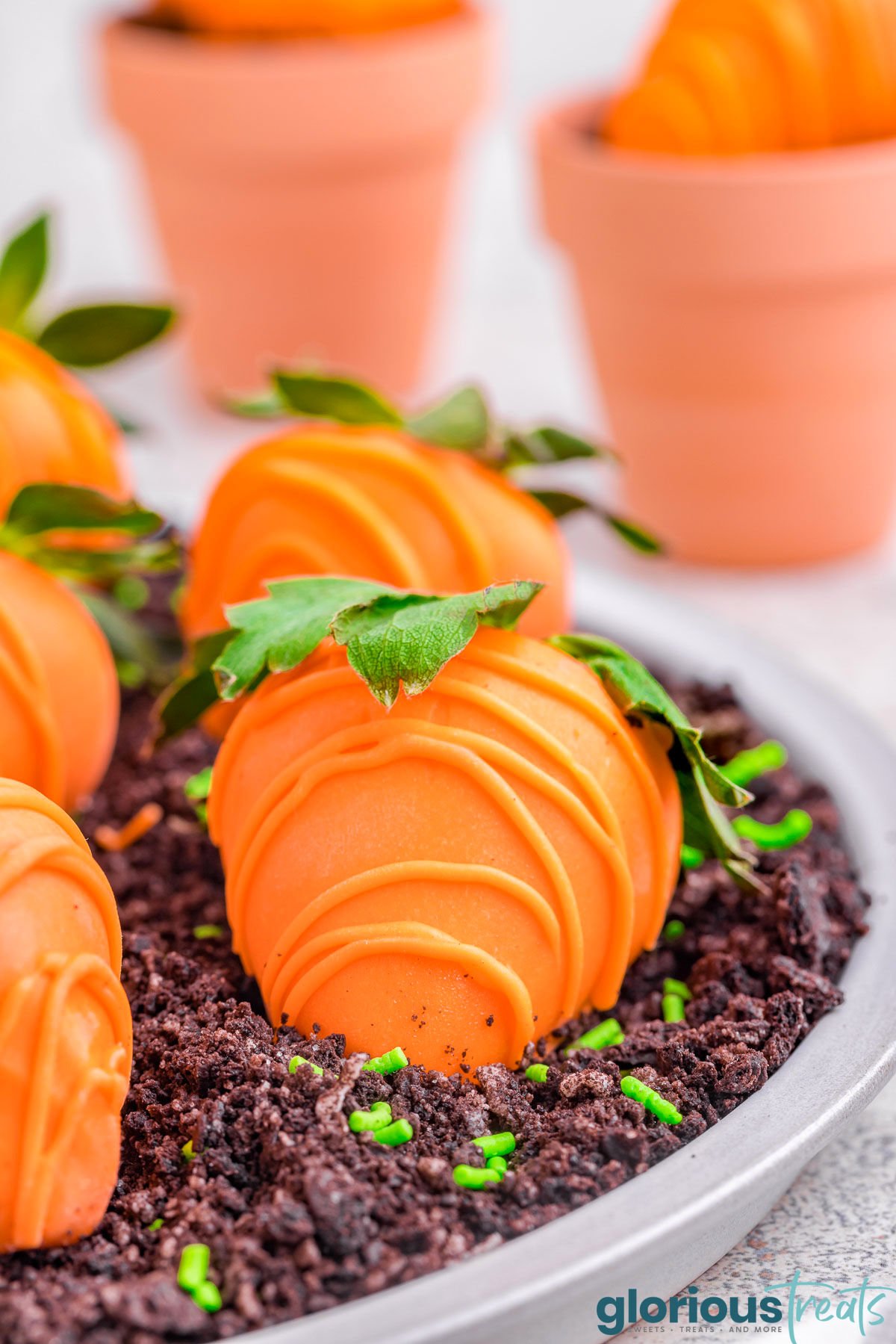close up view of a round white plate that has been filled with crushed cookies to look like dirt and topped with candy dipped strawberries that look like carrots.