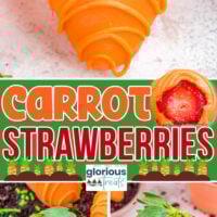 three image collage of carrot strawberries on a plate with crushed cookies and in a small clay pot filled with cookie dirt. center color block with text overlay.