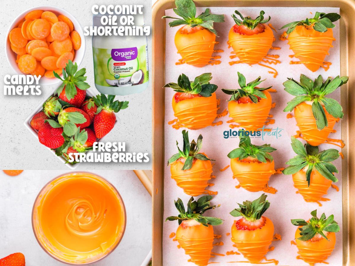 three image collage showing how to make the carrot strawberries step by step.