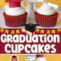three image collage showing graduation cupcakes decorated with white buttercream and fondant caps and diplomas. center color block with text overlay.