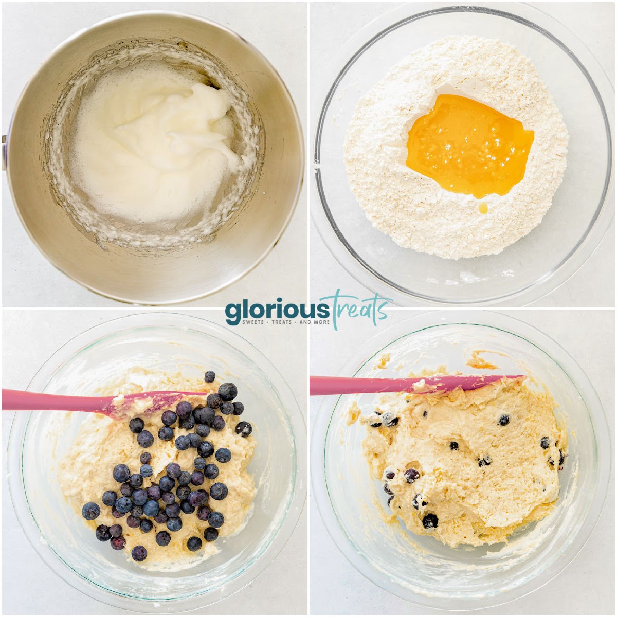 four image collage showing how to make blueberry ricotta waffles step by step.