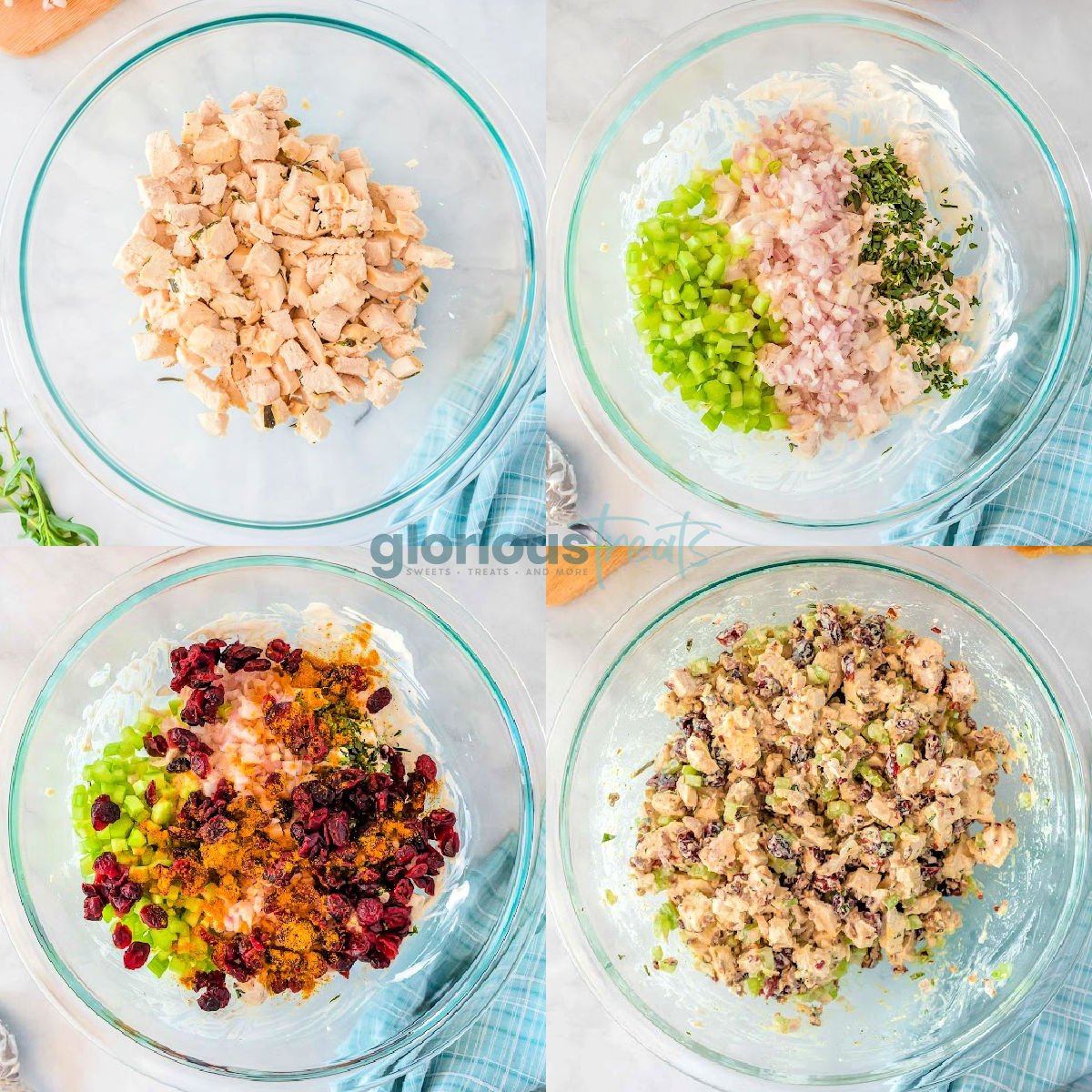 add chopped chick to a bowl, add the onions, herbs, celery, seasonings and cranberry, then mix. 