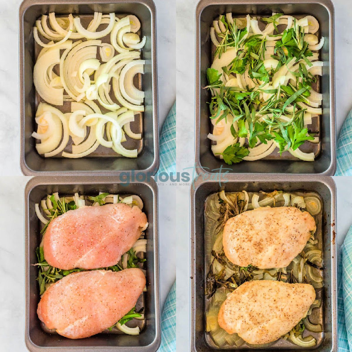 add onions and herbs to the bottom of a roasting pan, add the chicken and lemon, and then cook