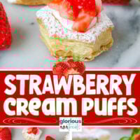 Strawberry Cream Puffs shown in three pictures from different angles with text overlay in the middle
