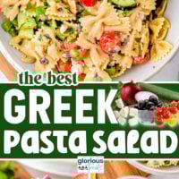 Three image collage for Greek Pasta Salad shown gin a serving bowl as well as plated. Center color block with text overlay.