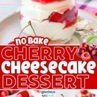 three photos of cherry cheesecake in jars with a text overlay in the middle