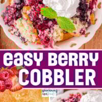 Three image collage of berry cobbler in a white bowl in baking dish and topped with whipped cream. Center color block with text overlay.
