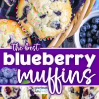 Three image collage for blueberry muffins recipe. Show in basket and muffin pan. Center color block with text overlay.