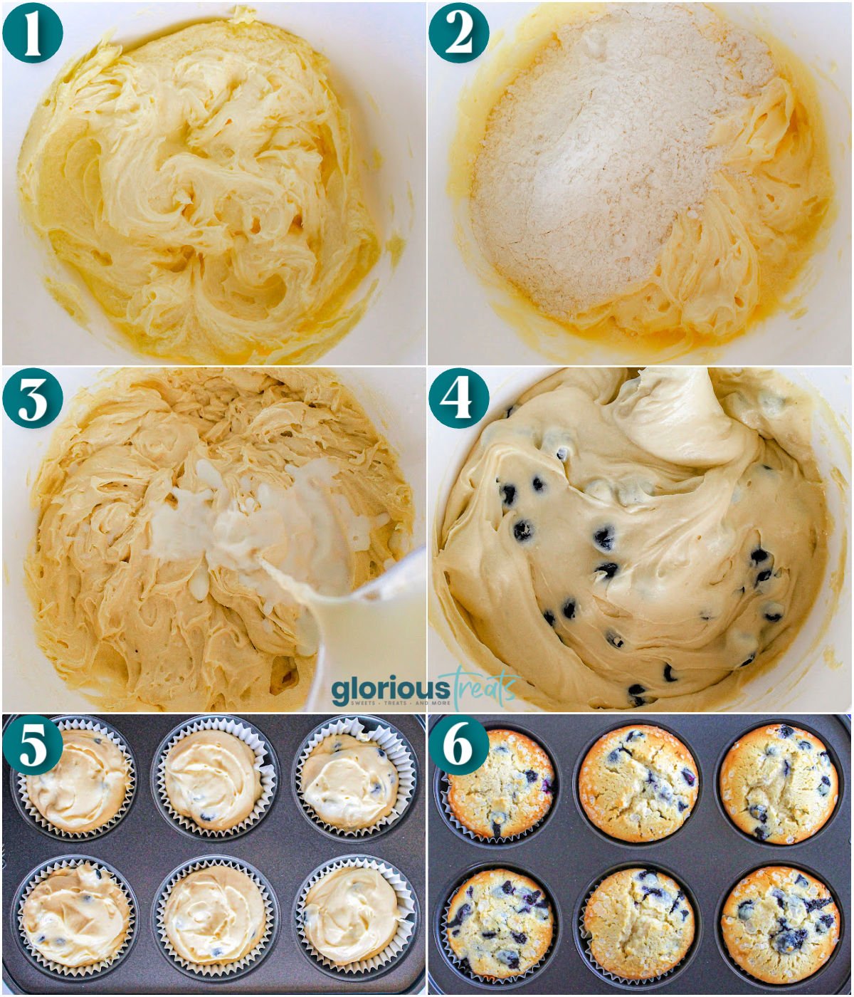 Six image collage showing how to make blueberry muffin recipe step by step.