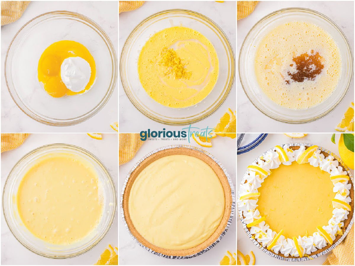 A collage of process shots that show how to make lemon pie.