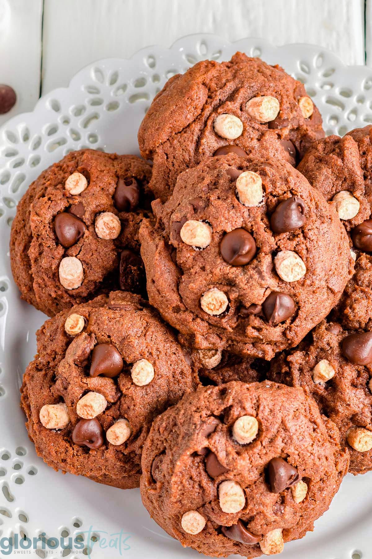 A bunch of hot chocolate cookies on a white plate.