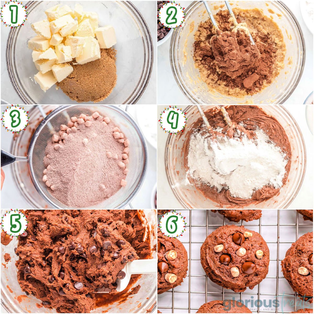 A 6 image collage that show the process steps for making hot chocolate cookies.