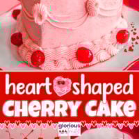 Three image collage of heart shaped cherry cake on cake stand. Center color block with text overlay.