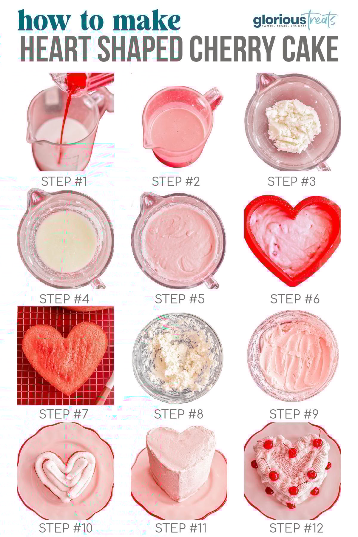 Twelve image collage showing how to make a heart shaped cherry cake step by step including the frosting.