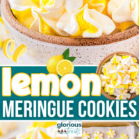 Pinterest pin with 3 images of the lemon meringue cookies. There's a colored text overlay in the middle.