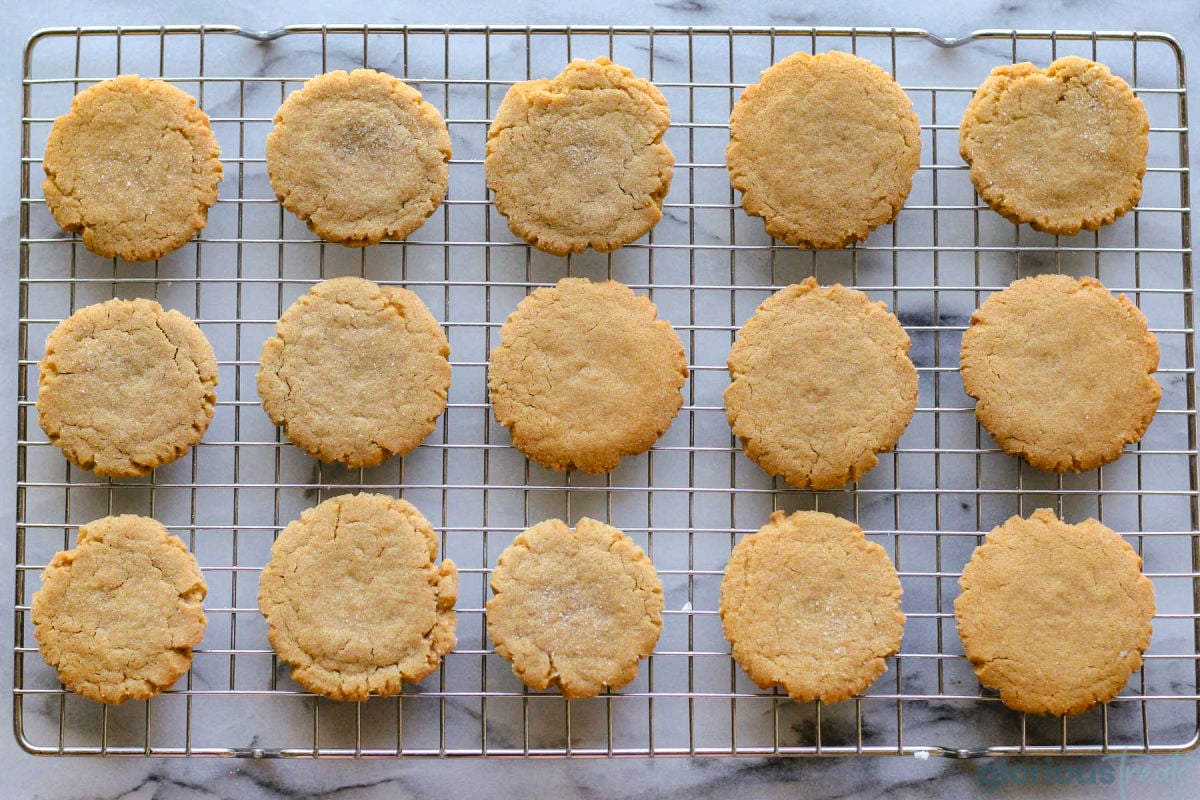 Overhead shot of chewy peanut butter cookie recipe on cooling rack. Fifteen cookies shown.