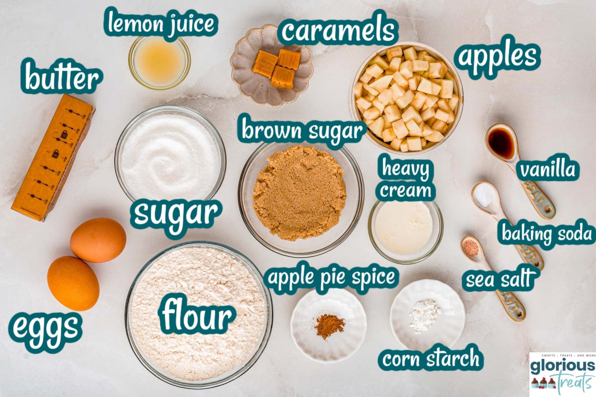 Overhead shot of caramel apple cookies ingredients with text labels.