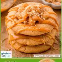 Two image graphic showing caramel apple cookies stacked three high and on spatula. Text overlay at top and bottom of image.