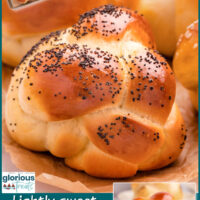Three image graphic showing challah rolls some with seeds on plate, baking sheet and wood board. Text overlay at top and bottom of image.