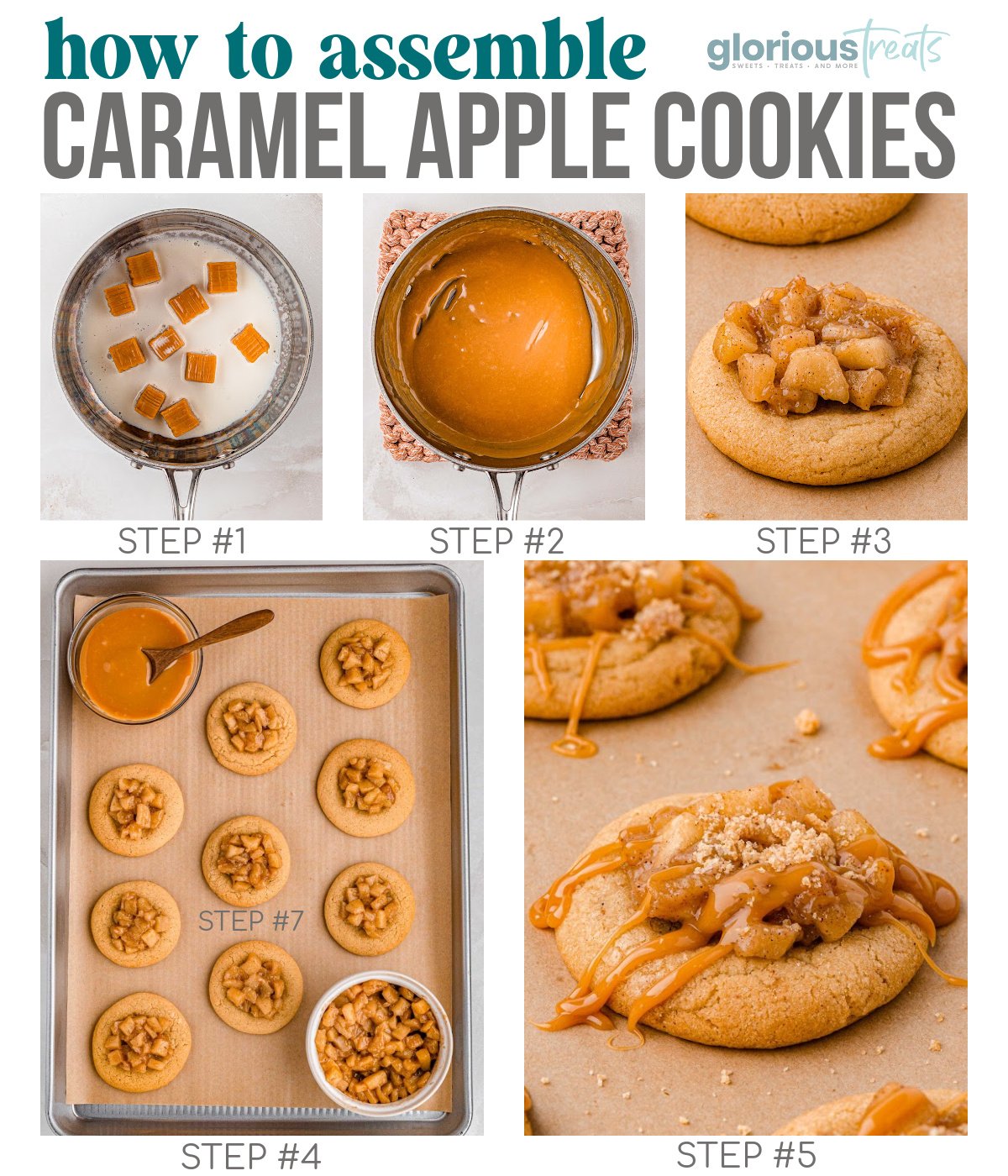Five image collage showing how to assemble caramel apple cookies. Text overlay at top of image.